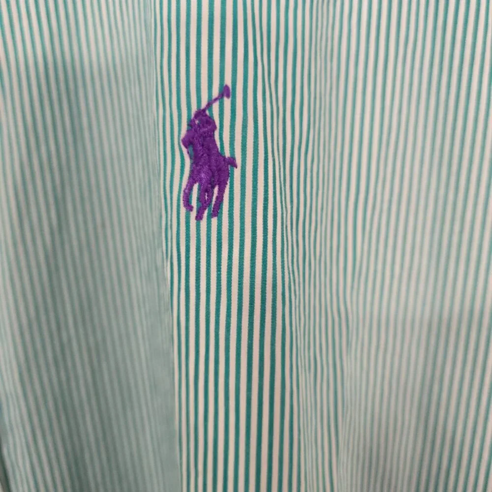 Ralph Lauren Men's Button Up Dress Shirt Green White Stripe Pony Logo Size XL‎